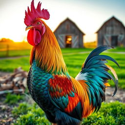 A vibrant, colorful rooster standing proudly on a rustic farm, its iridescent feathers catching the sunlight