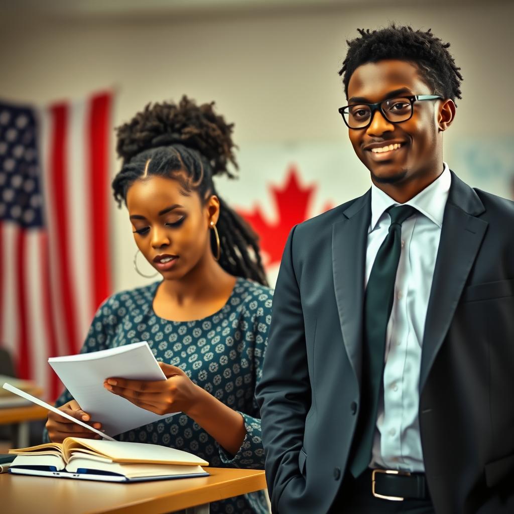 A promotional scene depicting an English class targeted towards African immigrants, filled with vibrant, inspiring visuals