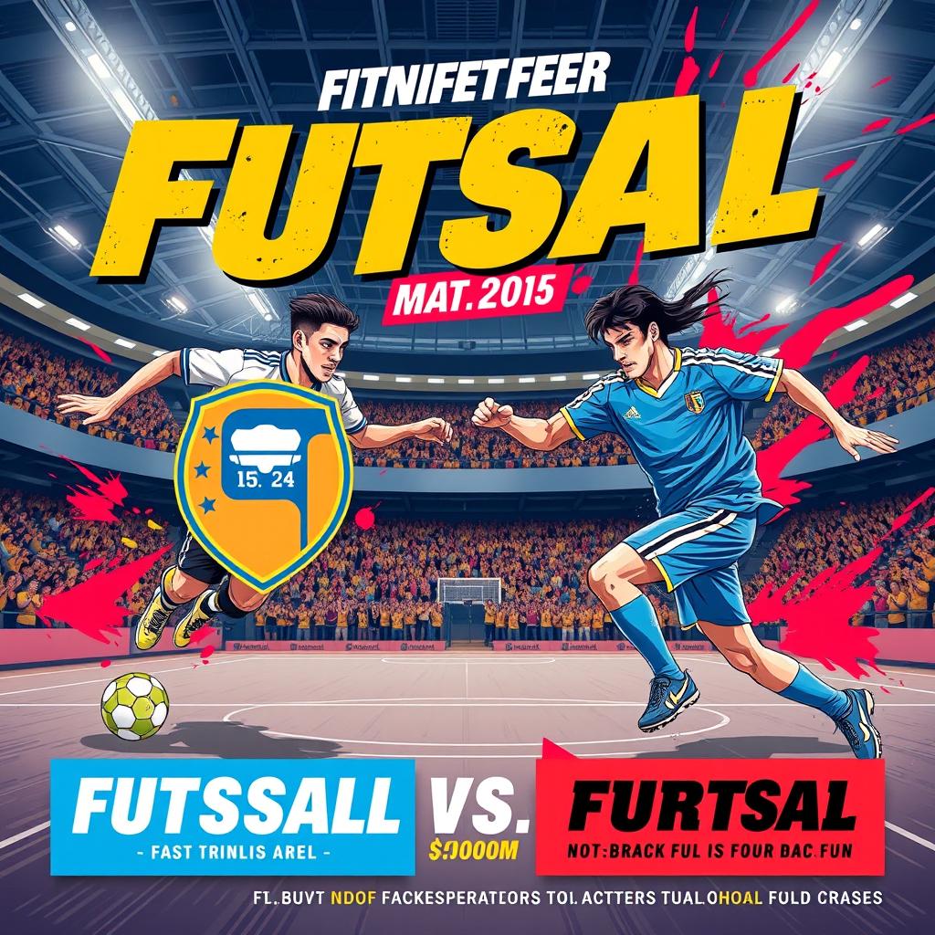 A vibrant and eye-catching advertisement for two futsal matches