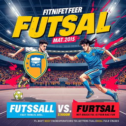 A vibrant and eye-catching advertisement for two futsal matches