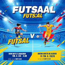 A vibrant and eye-catching advertisement for two futsal matches