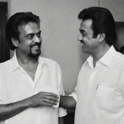 Rajanikanth and Kamal Hasan, two prominent Indian actors, engaged in a casual coffee conversation.