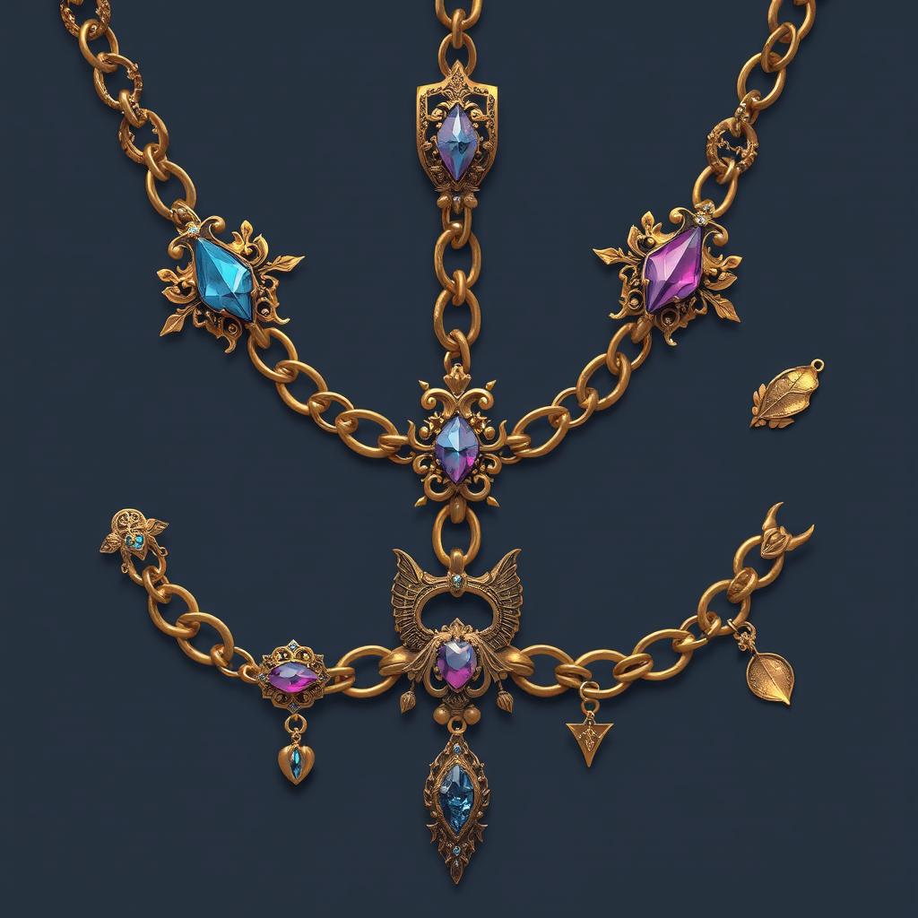 Design a chain in a fantasy style, featuring intricate and whimsical links with magical, otherworldly embellishments