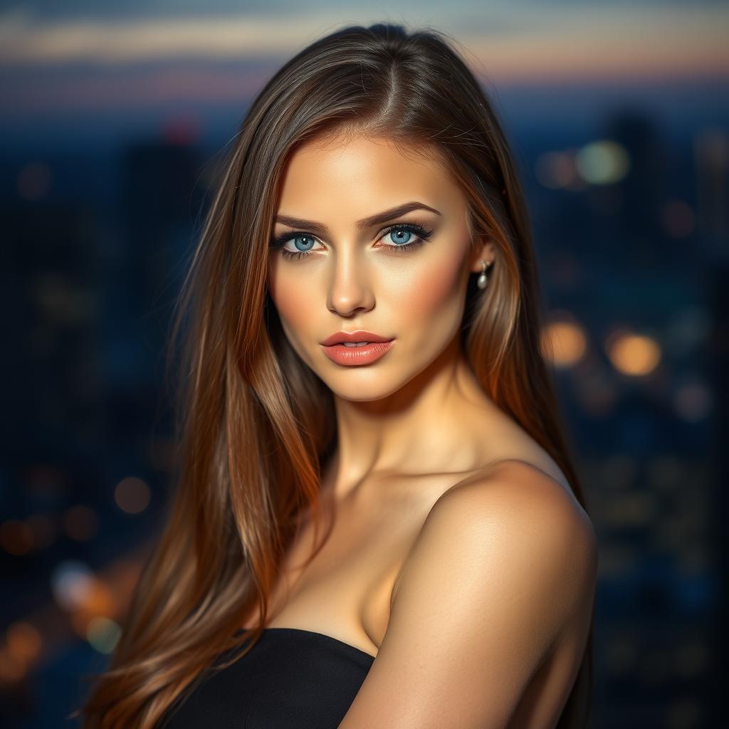 a portrait of a stunning woman with long brown hair and striking blue eyes