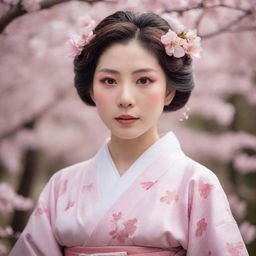 A renowned Japanese actor dressed in a traditional female kimono, with a serene expression painted across their face, and delicately poised under the falling cherry blossom petals.