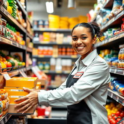 A dedicated store worker efficiently organizing shelves, neatly stacking a variety of colorful products