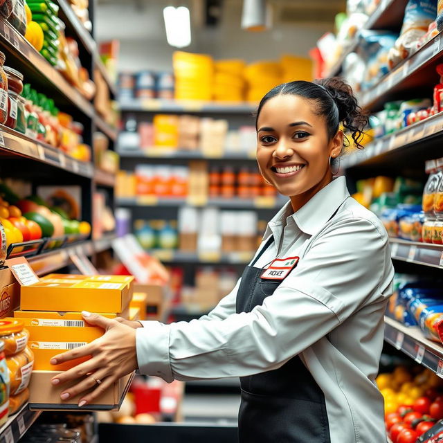 A dedicated store worker efficiently organizing shelves, neatly stacking a variety of colorful products