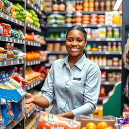 A dedicated store worker efficiently organizing shelves, neatly stacking a variety of colorful products