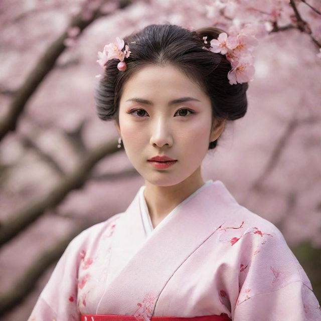 A renowned Japanese actor dressed in a traditional female kimono, with a serene expression painted across their face, and delicately poised under the falling cherry blossom petals.