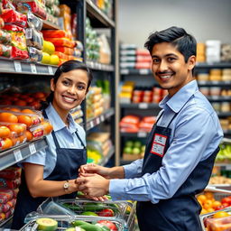 A dedicated store worker efficiently organizing shelves, neatly stacking a variety of colorful products