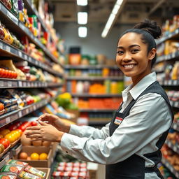 A dedicated store worker efficiently organizing shelves, neatly stacking a variety of colorful products