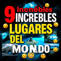 Create a thumbnail titled "9 Increíbles Lugares del Mundo 🌍" with large, vibrant fonts placed at the top center