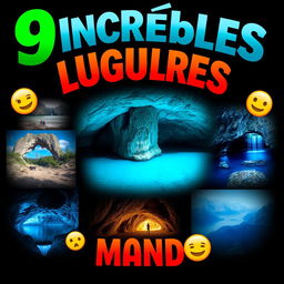 Create a thumbnail titled "9 Increíbles Lugares del Mundo 🌍" with large, vibrant fonts placed at the top center