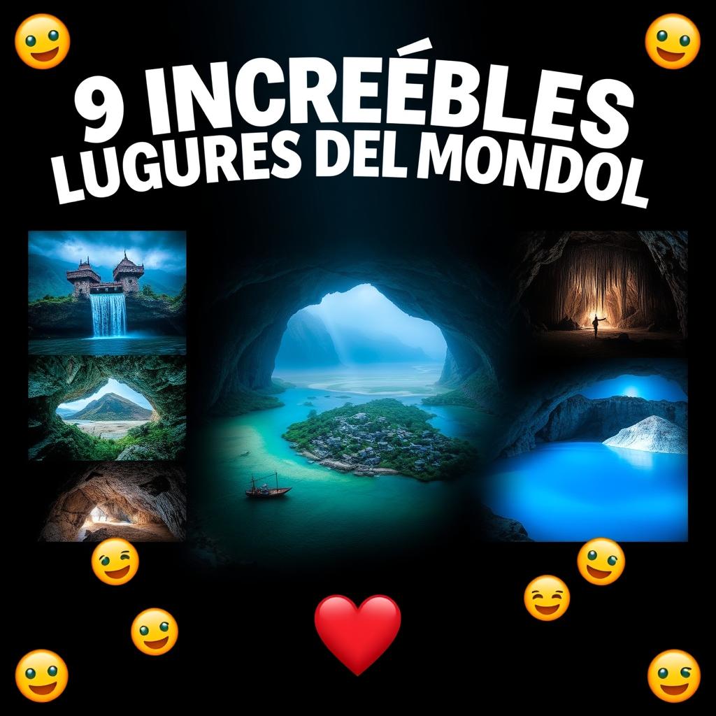 Create a thumbnail titled "9 Increíbles Lugares del Mundo 🌍" with large, vibrant fonts placed at the top center