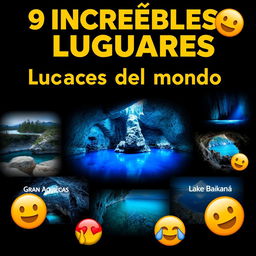 Create a thumbnail titled "9 Increíbles Lugares del Mundo 🌍" with large, vibrant fonts placed at the top center