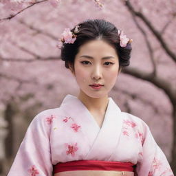 A renowned Japanese actor dressed in a traditional female kimono, with a serene expression painted across their face, and delicately poised under the falling cherry blossom petals.