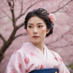 A renowned Japanese actor dressed in a traditional female kimono, with a serene expression painted across their face, and delicately poised under the falling cherry blossom petals.