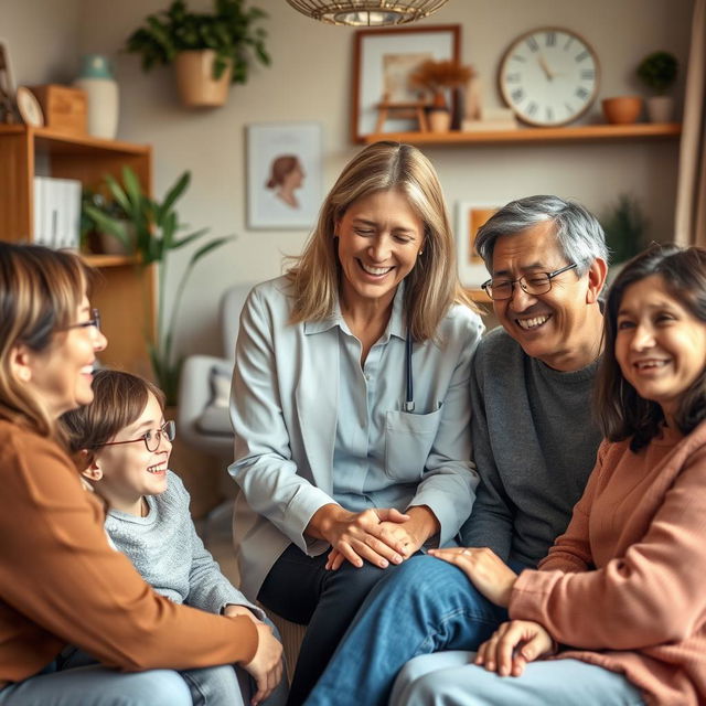 A compassionate and dedicated family social worker engaging with a diverse group of individuals in a cozy, supportive office