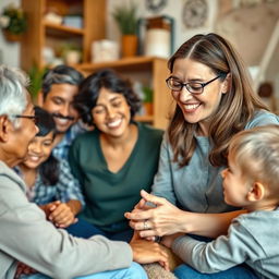 A compassionate and dedicated family social worker engaging with a diverse group of individuals in a cozy, supportive office