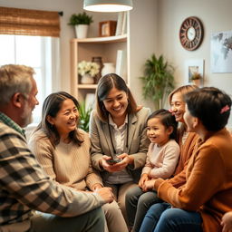 A compassionate and dedicated family social worker engaging with a diverse group of individuals in a cozy, supportive office