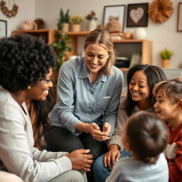 A compassionate and dedicated family social worker engaging with a diverse group of individuals in a cozy, supportive office