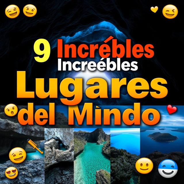 Create a thumbnail titled "9 Increíbles Lugares del Mundo 🌍" with large, vibrant fonts placed at the top center