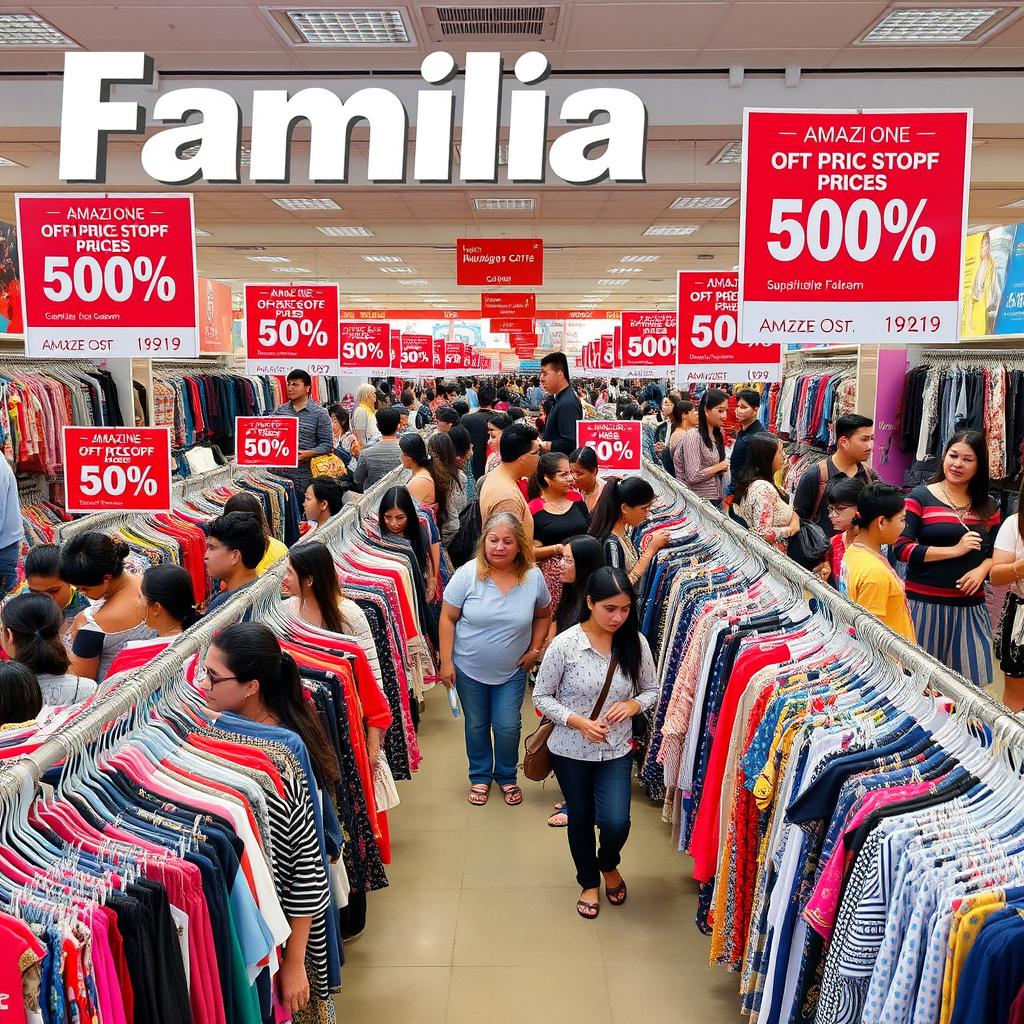 A bustling Familia off-price shop scene showcasing rows of discounted clothing and accessories