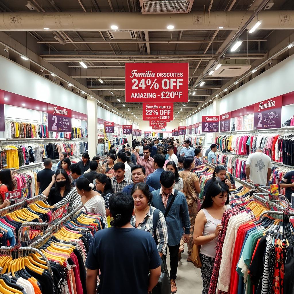 A bustling Familia off-price shop scene showcasing rows of discounted clothing and accessories