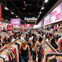 A bustling Familia off-price shop scene showcasing rows of discounted clothing and accessories