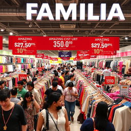 A bustling Familia off-price shop scene showcasing rows of discounted clothing and accessories