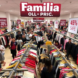 A bustling Familia off-price store interior with neatly arranged aisles full of clothing, shoes, and accessories at discounted prices