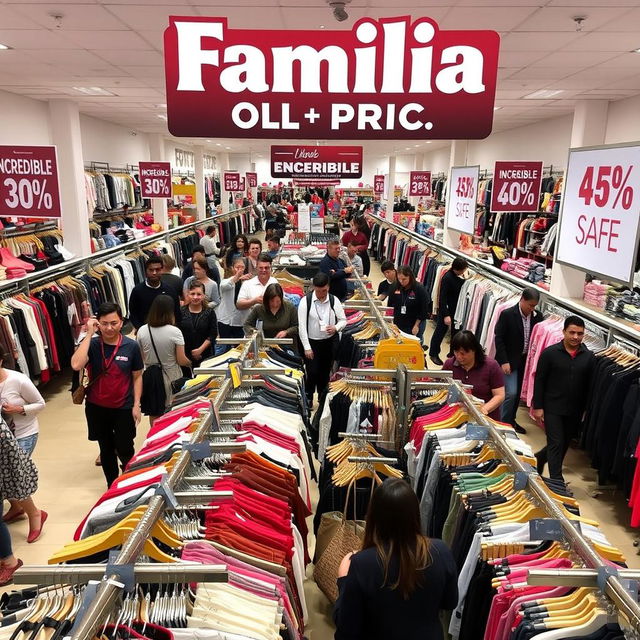 A bustling Familia off-price store interior with neatly arranged aisles full of clothing, shoes, and accessories at discounted prices