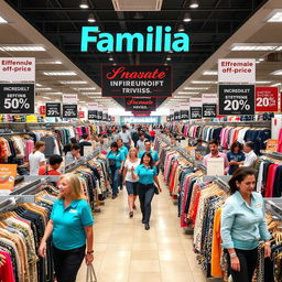 A bustling Familia off-price store interior with neatly arranged aisles full of clothing, shoes, and accessories at discounted prices