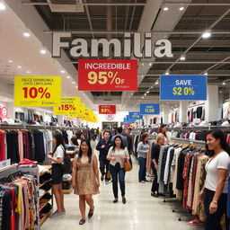 A bustling Familia off-price store interior with neatly arranged aisles full of clothing, shoes, and accessories at discounted prices