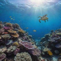 A breathtaking underwater view of a vibrant coral reef, teeming with colorful fish, gently waving sea anemones, and a lone sea turtle gliding gracefully.