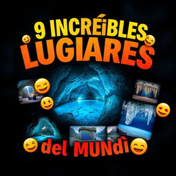 Create a thumbnail titled "9 Increíbles Lugares del Mundo 🌍" with large, vibrant fonts placed at the top center