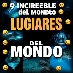 Create a thumbnail titled "9 Increíbles Lugares del Mundo 🌍" with large, vibrant fonts placed at the top center