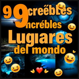 Create a thumbnail titled "9 Increíbles Lugares del Mundo 🌍" with large, vibrant fonts placed at the top center