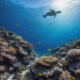 A breathtaking underwater view of a vibrant coral reef, teeming with colorful fish, gently waving sea anemones, and a lone sea turtle gliding gracefully.