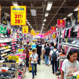 A busy Familia store interior filled with a wide selection of discounted products