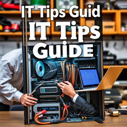 A captivating book cover for an IT tips guide, featuring a computer in maintenance