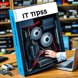 A captivating book cover for an IT tips guide, featuring a computer in maintenance