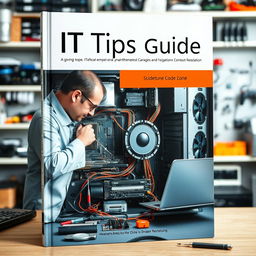 A captivating book cover for an IT tips guide, featuring a computer in maintenance