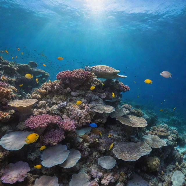 A breathtaking underwater view of a vibrant coral reef, teeming with colorful fish, gently waving sea anemones, and a lone sea turtle gliding gracefully.