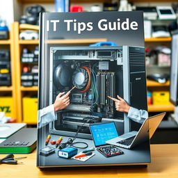 A captivating book cover for an IT tips guide, featuring a computer in maintenance