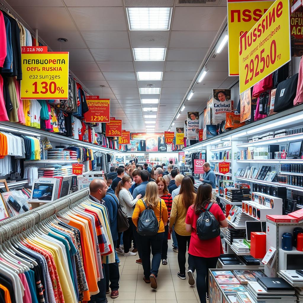 A busy Russian off-price store filled with various discounted items like clothing, electronics, and home goods