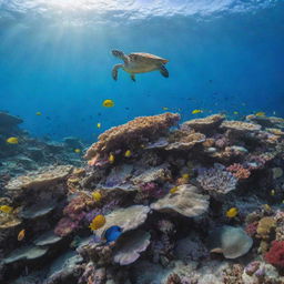 A breathtaking underwater view of a vibrant coral reef, teeming with colorful fish, gently waving sea anemones, and a lone sea turtle gliding gracefully.