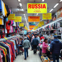 A busy Russian off-price store filled with various discounted items like clothing, electronics, and home goods