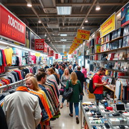 A busy Russian off-price store filled with various discounted items like clothing, electronics, and home goods