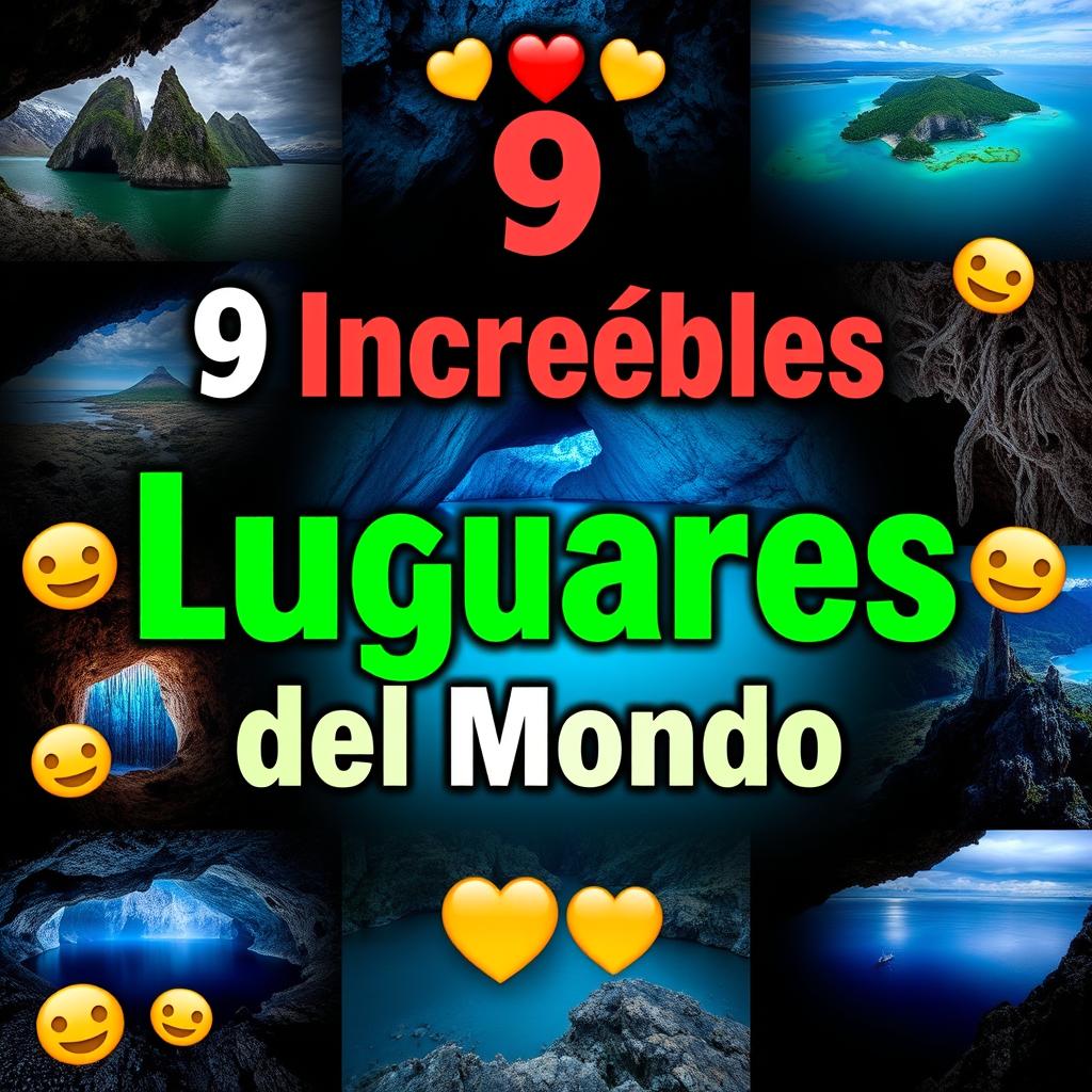 Create a thumbnail titled "9 Increíbles Lugares del Mundo 🌍" with large, vibrant, and legible fonts placed at the top center